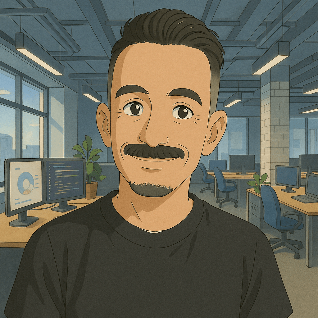 Illustrated portrait of Diego, a tech writer and content strategist, smiling in a modern office environment